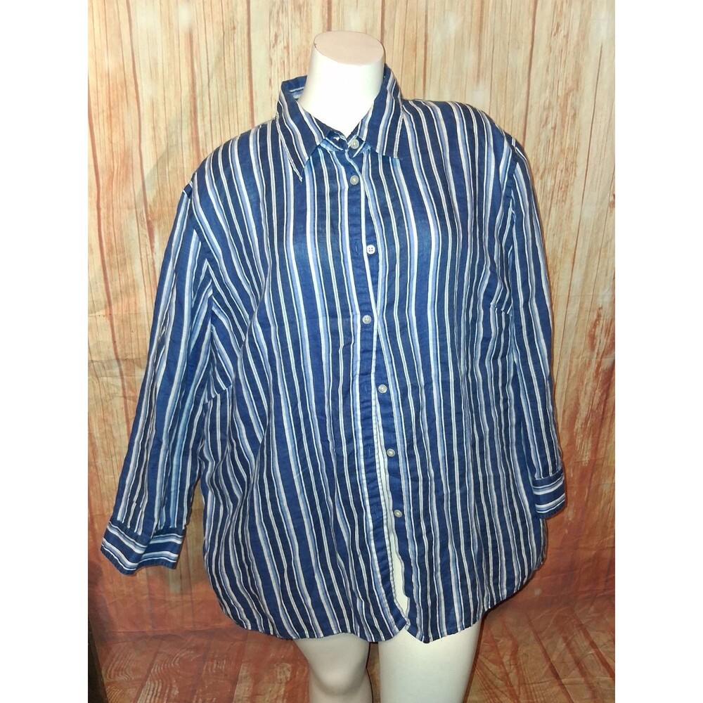 Lauren Ralph Lauren Blue Stripe 3/4 Sleeve Button Up Blouse Sz 2X